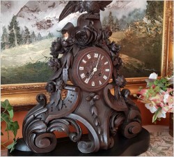 Stary Zegar z Motywem Myśliwskim Rzeźbiony w Drewnie 50cm - Francja XIXw.