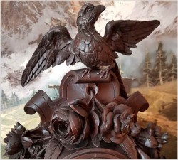 Stary Zegar z Motywem Myśliwskim Rzeźbiony w Drewnie 50cm - Francja XIXw.