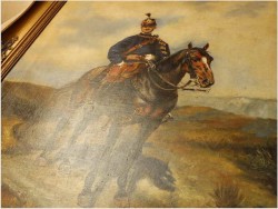 PIĘKNE MALARSTWO BATALISTYCZNE! PORTRET HUZARA NA KONIU - XIXw.