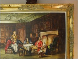 DUŻE MALARSTWO RODZAJOWE - ROZMOWA GENTELMANÓW PRZY LAMPCE WINA - SYG. SOMERS 1970 (124CMx104CM)