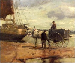 OBRAZ MARYNISTYCZNY! KUTRY PRZY BRZEGU, ROZŁADUNEK KRABÓW  - KARL MOHR (DÜSSELDORF 1922-2013)