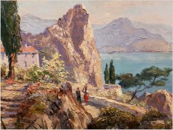 Malarstwo szpachlowe! Widok na Włoską Riwierę - Luciano Pesaro *1911r
