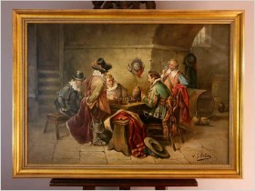 Malarstwo aukcyjne! Scena w tawernie, Muszkieterzy grający w szachy - (Luigi Giorgio Baldero 19th Italy)