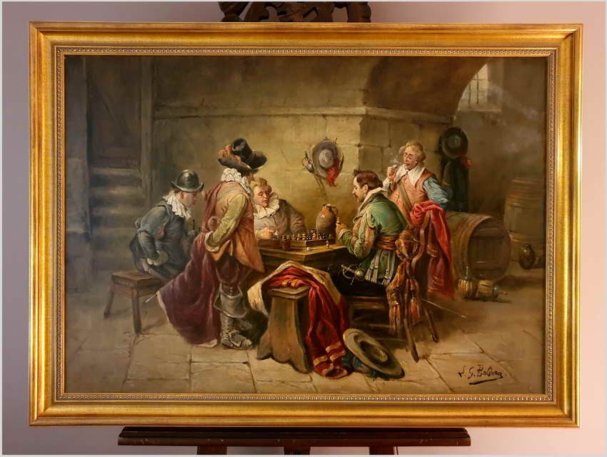 Malarstwo aukcyjne! Scena w tawernie, Muszkieterzy grający w szachy - (Luigi Giorgio Baldero 19th Italy)