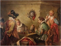 Malarstwo aukcyjne! Scena w tawernie, Muszkieterzy grający w szachy - (Luigi Giorgio Baldero 19th Italy)