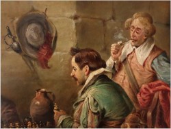 Malarstwo aukcyjne! Scena w tawernie, Muszkieterzy grający w szachy - (Luigi Giorgio Baldero 19th Italy)