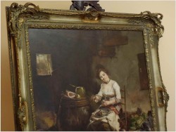 GOSPOSIA Z PSEM W SPIŻARNI, OBRAZ OLEJNY - DICKMEIS GERHARD (Heinsberg 1918 – 1978 Jülich)