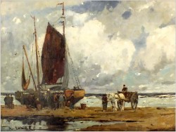 RARYTAS AUKCYJNY! KUTRY PRZY BRZEGU, ROZŁADUNEK KRABÓW - KARL MOHR (DÜSSELDORF 1922-2013)