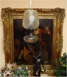 SYGNOWANA LAMPA NAFTOWA Z FIGURĄ ORFEUSZA - Par Bruchon (XIXw.)