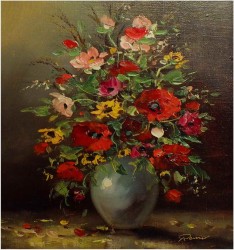 PIĘKNY BUKIET KWIATÓW W AŻUROWEJ RAMIE - sygn. Renier (XXw.)