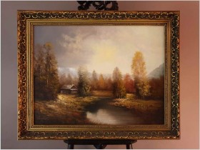 Polecamy! Romantyczny krajobraz, domek nad rozlewiskiem - Sygn. Campbell XXw.