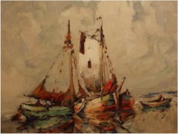 RUDOLF PRIEBE (1889 – 1964) „Kutry rybackie u wybrzeża Morza Północnego” – obraz marynistyczny