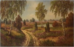 Panoramiczny stary obraz! Wrzosowe pola - Willi Hahn (1918-2003)