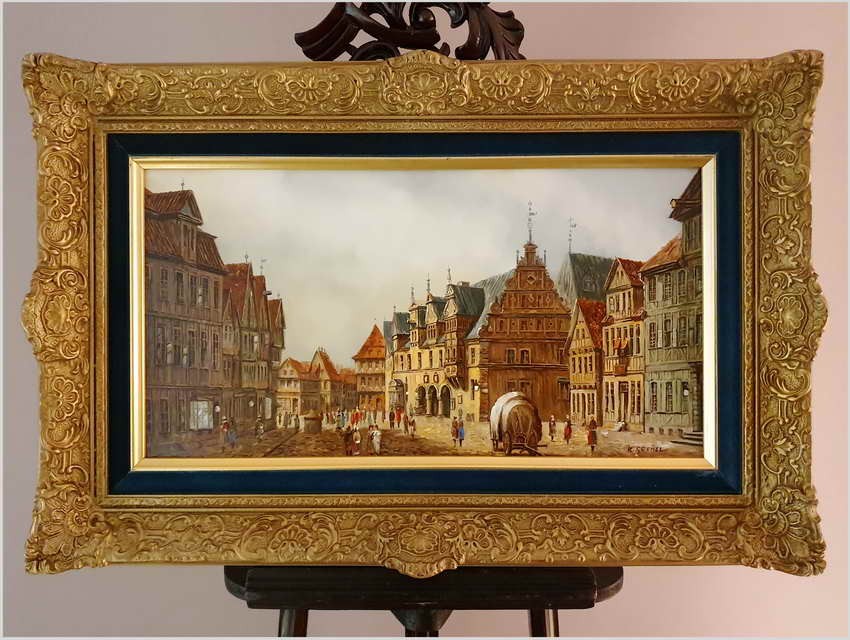 Mistrzowskie malarstwo! Widok na niemieckie przedmieście miasta, Celle - Klaus Rochel (*1936)
