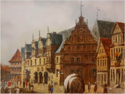 Mistrzowskie malarstwo! Widok na niemieckie przedmieście miasta, Celle - Klaus Rochel (*1936)