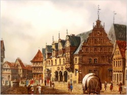 Mistrzowskie malarstwo! Widok na niemieckie przedmieście miasta, Celle - Klaus Rochel (*1936)