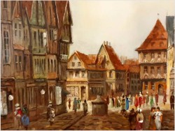 Mistrzowskie malarstwo! Widok na niemieckie przedmieście miasta, Celle - Klaus Rochel (*1936)
