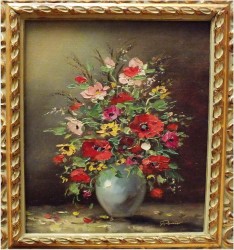 PIĘKNY BUKIET KWIATÓW W AŻUROWEJ RAMIE - sygn. Renier (XXw.)