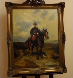 PIĘKNE MALARSTWO BATALISTYCZNE! PORTRET HUZARA NA KONIU - XIXw.