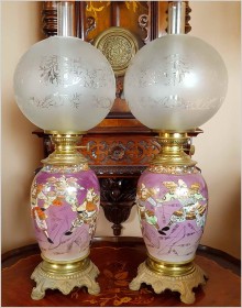 PARA LAMP NAFTOWYCH W STYLU ORIENTALNYM, PORCELANA - BRĄZ  / FRANCJA XIXw.