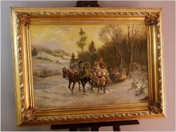 Stary obraz olejny! Trojka w zimowej scenerii - G.v.Bochmann XIXw.