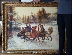 Uwaga duże malarstwo! 142cmx122cm - Rosyjska Trojka w zimowej scenerii - XIXw.