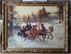 Uwaga duże malarstwo! 142cmx122cm - Rosyjska Trojka w zimowej scenerii - XIXw.