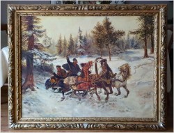 Uwaga duże malarstwo! 142cmx122cm - Rosyjska Trojka w zimowej scenerii - XIXw.