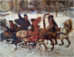 Uwaga duże malarstwo! 142cmx122cm - Rosyjska Trojka w zimowej scenerii - XIXw.