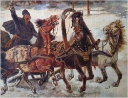 Uwaga duże malarstwo! 142cmx122cm - Rosyjska Trojka w zimowej scenerii - XIXw.