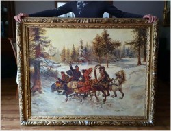Uwaga duże malarstwo! 142cmx122cm - Rosyjska Trojka w zimowej scenerii - XIXw.