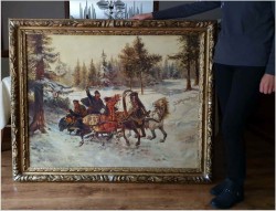 Uwaga duże malarstwo! 142cmx122cm - Rosyjska Trojka w zimowej scenerii - XIXw.