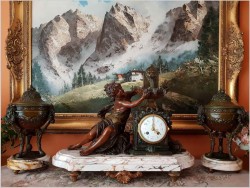 Polecamy! Duży medalowy zegar figuralny z wazami "La Fontaine aux Mesanges" ( par F. Moreau) XIXw.