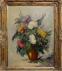 MALARSTWO WĘGIERSKIE, CHRYZANTEMY W WAZONIE - FERENC SZEKELY (1900-1988 Hungary)