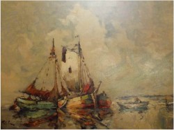 RUDOLF PRIEBE (1889 – 1964) „Kutry rybackie u wybrzeża Morza Północnego” – obraz marynistyczny