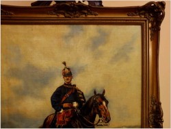 PIĘKNE MALARSTWO BATALISTYCZNE! PORTRET HUZARA NA KONIU - XIXw.