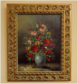 PIĘKNY BUKIET KWIATÓW W AŻUROWEJ RAMIE - sygn. Renier (XXw.)