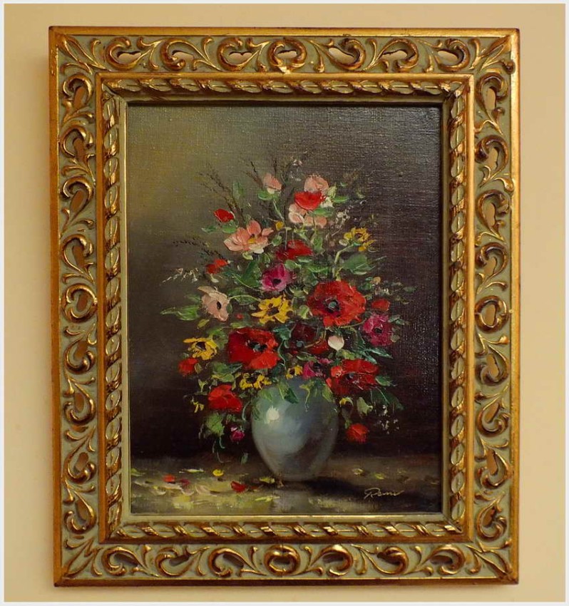 PIĘKNY BUKIET KWIATÓW W AŻUROWEJ RAMIE - sygn. Renier (XXw.)