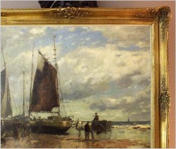 OBRAZ MARYNISTYCZNY! KUTRY PRZY BRZEGU, ROZŁADUNEK KRABÓW  - KARL MOHR (DÜSSELDORF 1922-2013)