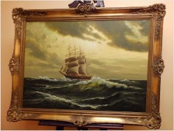 POLECAMY!  - DUŻYCH ROZMIARÓW PIĘKNY OBRAZ MARYNISTYCZNY XXw. (119cm x 89cm)