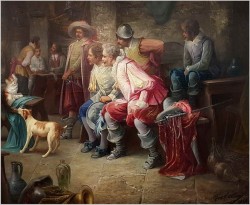DUŻY MUZEALNY OBRAZ! MUSZKIETERZY W KARCZMIE, ZABAWA PSA Z KOTEM - Max Albert CARLIER (1872-1938)
