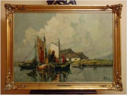 ŁODZIE PRZY BRZEGU - Rudolf PRIEBE (Kiew 1889-1964 Hamburg)