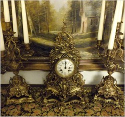 POLECAMY! MEDALOWY WSPANIAŁY DUŻY MOSIĘŻNY ZEGAR ROCOCO Z KANDELABRAMI - A.D. MOUGIN XIXw.