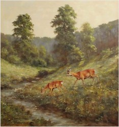 OBRAZ MYŚLIWSKI, SARNY U WODOPOJU - GEORG MAJEWICZ (1897 - 1965)