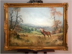 Malarstwo Myśliwskie! Jeleń Na Rykowisku - Hermann Schöfor XIX/XXw. 