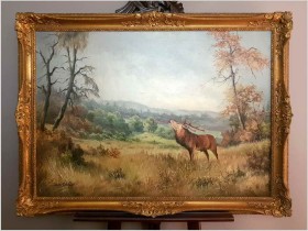 Malarstwo Myśliwskie! Jeleń Na Rykowisku - Hermann Schöfor XIX/XXw. 