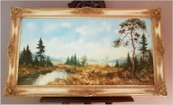 Panoramiczny obraz! Bażanty Przy Rozlewisku - (Riedrich, Niemcy XXw.)