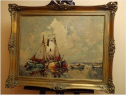 RUDOLF PRIEBE (1889 – 1964) „Kutry rybackie u wybrzeża Morza Północnego” – obraz marynistyczny