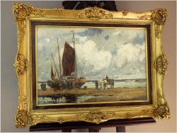 RARYTAS AUKCYJNY! KUTRY PRZY BRZEGU, ROZŁADUNEK KRABÓW - KARL MOHR (DÜSSELDORF 1922-2013)