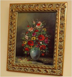 PIĘKNY BUKIET KWIATÓW W AŻUROWEJ RAMIE - sygn. Renier (XXw.)